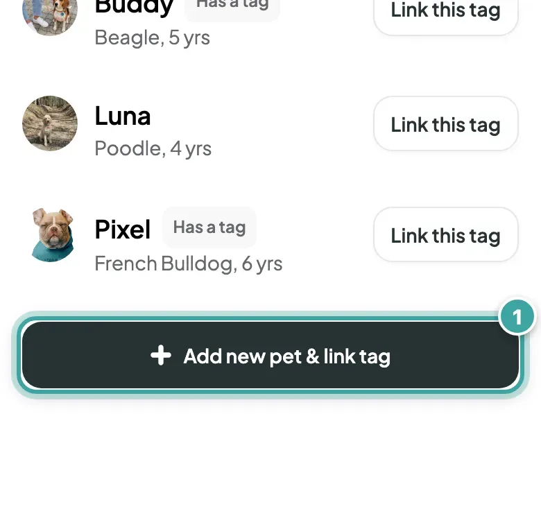 The bottom of the Tag scanned page: below the list of pets, the Add new pet & link tag button is highlighted.