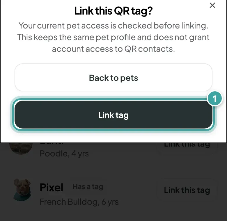 A dialog titled "Link this QR tag?" over the Tag scanned page, with Back to pets and Link tag buttons. Link tag is highlighted.