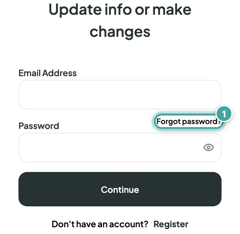 The tails.id login page on a phone, with email and password fields. The Forgot password? link above the password field is highlighted.