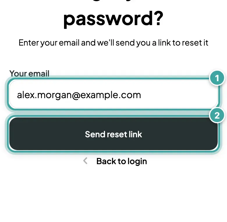 The Forgot password page with an email address typed in. The email field is marked 1 and the Send reset link button is marked 2.