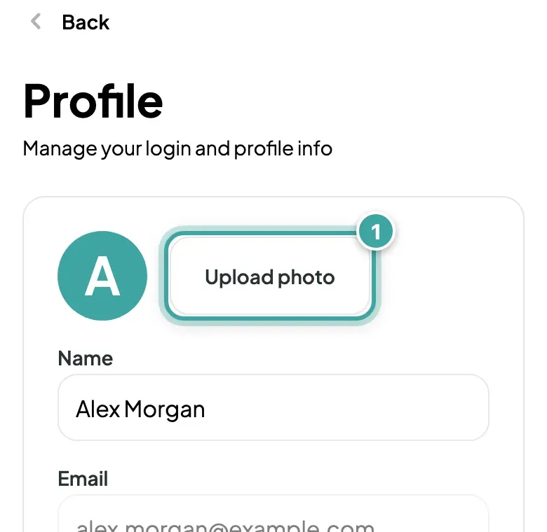 The top of the Profile page: the account picture, a circle with the letter A, and the Upload photo button next to it, which is highlighted.