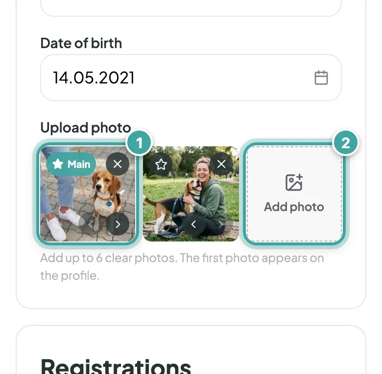 The Upload photo area on Buddy's Pet tab: his first photo, labelled Main (1), next to a second photo, and the Add photo tile (2).