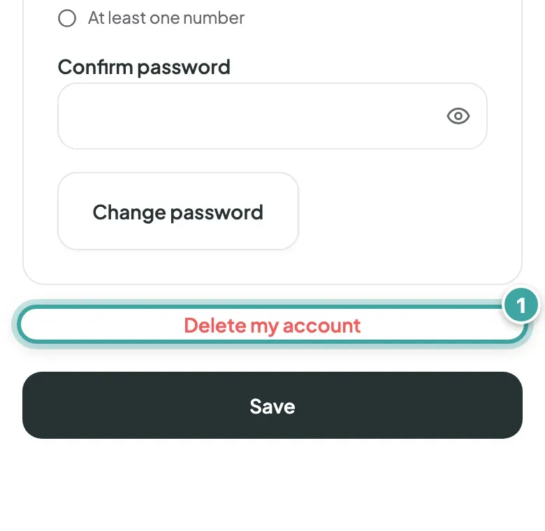 The bottom of the Profile page, below the password section: the Delete my account link is highlighted, above the Save button.