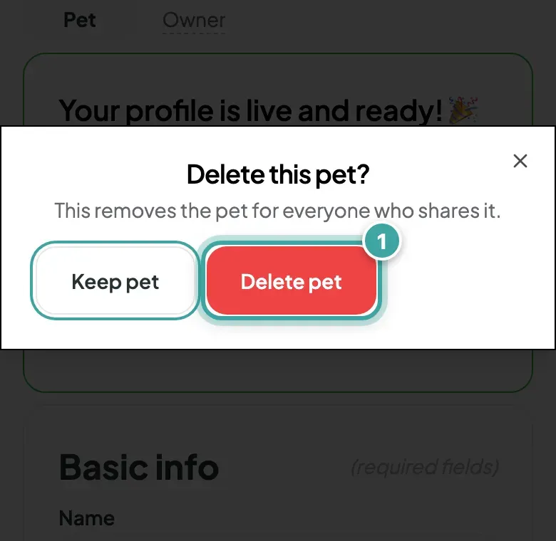 A dialog over Buddy's page asks "Delete this pet?" and explains it removes the pet for everyone who shares it. Keep pet and Delete pet buttons; Delete pet is highlighted.