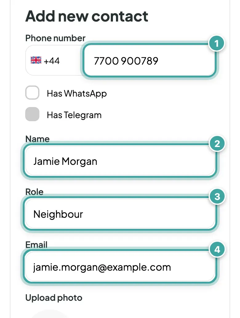 The Add new contact form filled in for Jamie Morgan: Phone number with the UK code (1), Name (2), Role, Neighbour (3), and Email (4).