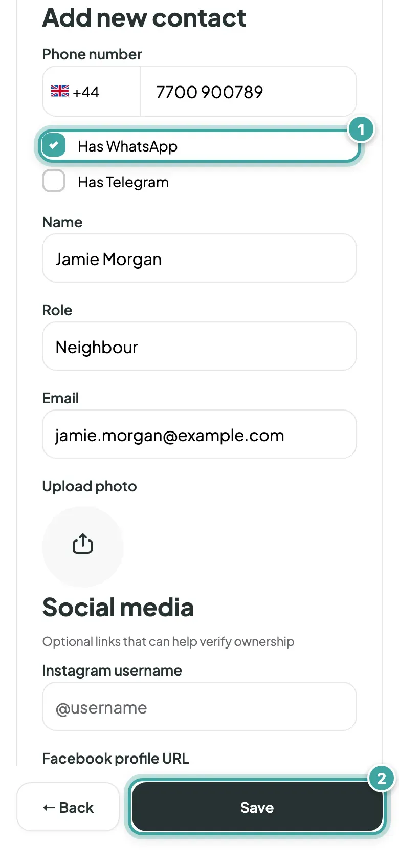 The Add new contact form: the Has WhatsApp box is ticked (1), and the Save button at the bottom of the screen is marked (2), next to Back.
