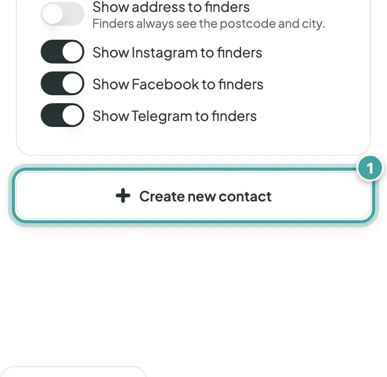 The end of the Owner tab, below the What finders see switches: the Create new contact button is highlighted.