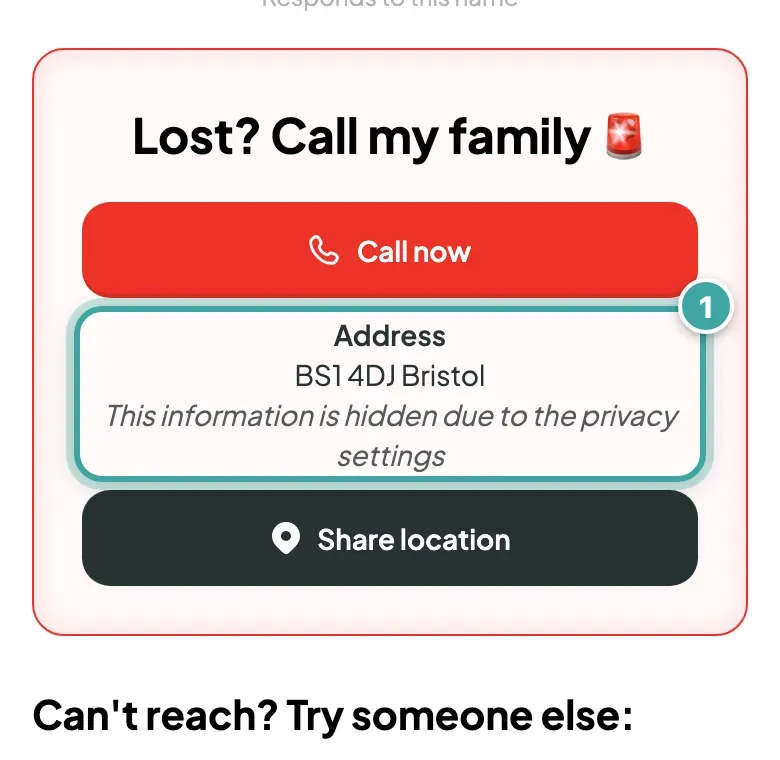 Buddy's page as a finder sees it, under Call now: the Address shows only the postcode and city, BS1 4DJ Bristol, then the note "This information is hidden due to the privacy settings". The address block is highlighted.