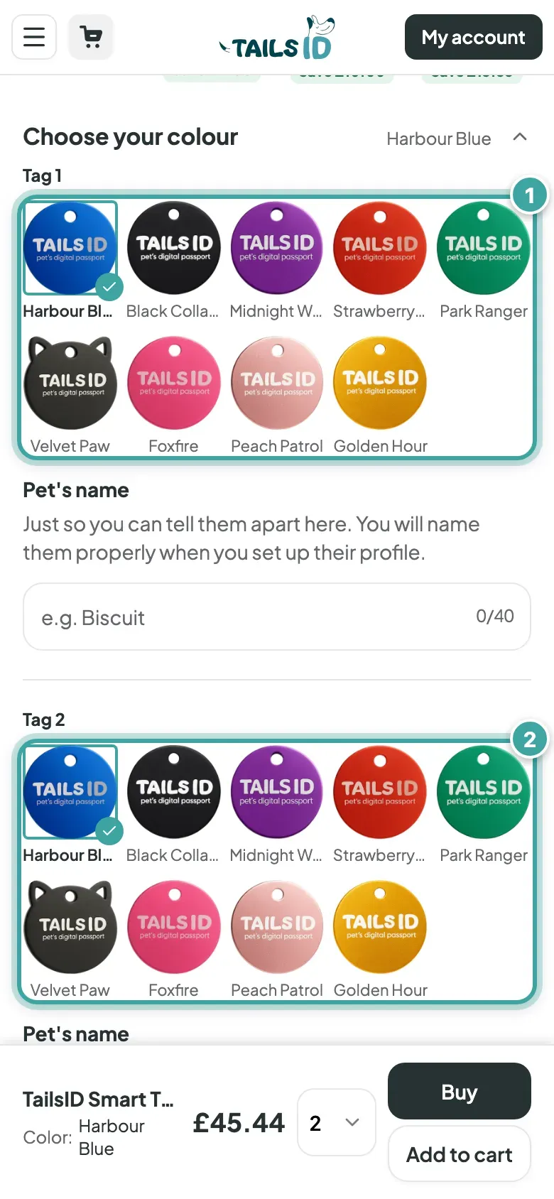 Choose your colour, with two tags ordered: a row of nine colour swatches for Tag 1 (1) and another for Tag 2 (2), each with an optional pet name field.