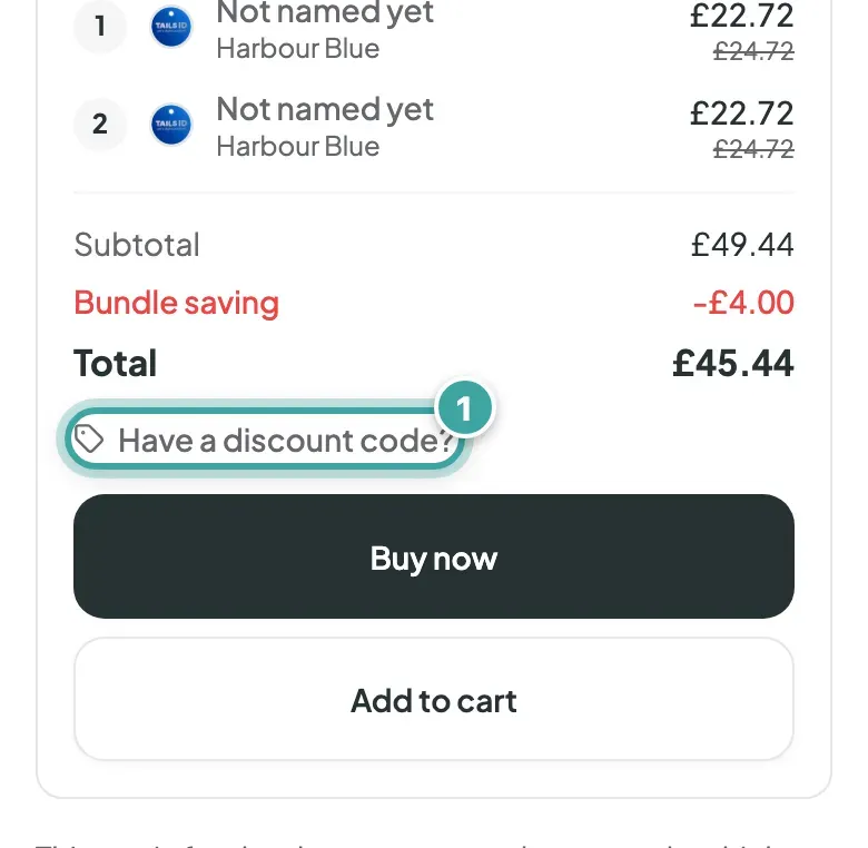 The order summary with two tags, the subtotal and total, and the Have a discount code? link, which is highlighted, above Buy now.