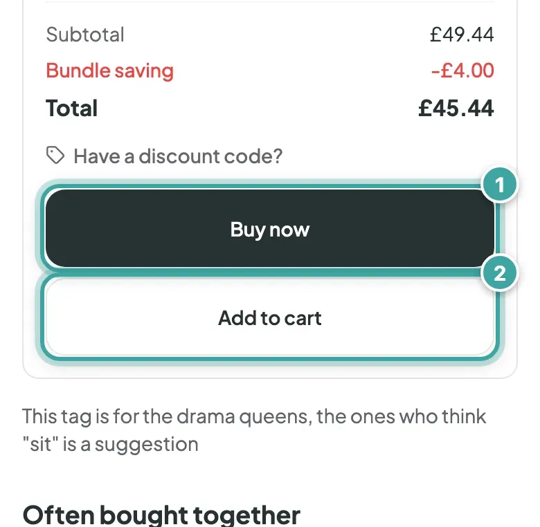 The bottom of the order summary: the Buy now button (1) and, under it, Add to cart (2).