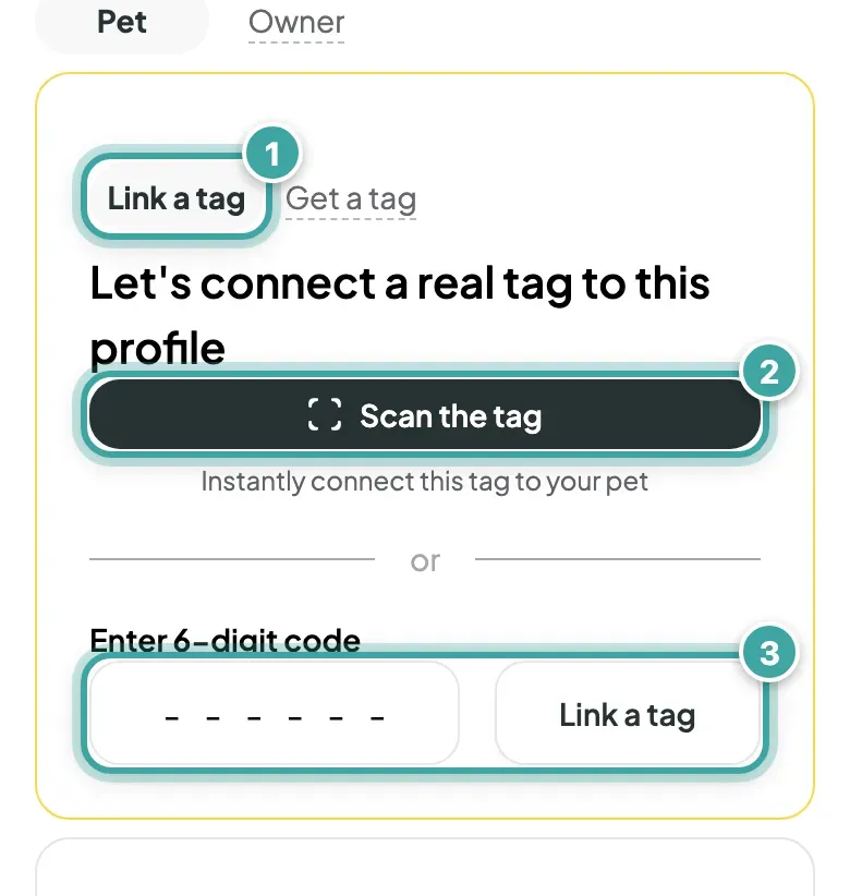 Luna's page in My pets with the Link a tag tab open (1), titled "Let's connect a real tag to this profile". The Scan the tag button (2) and, under Enter 6-digit code, the code field with its Link a tag button (3) are marked.