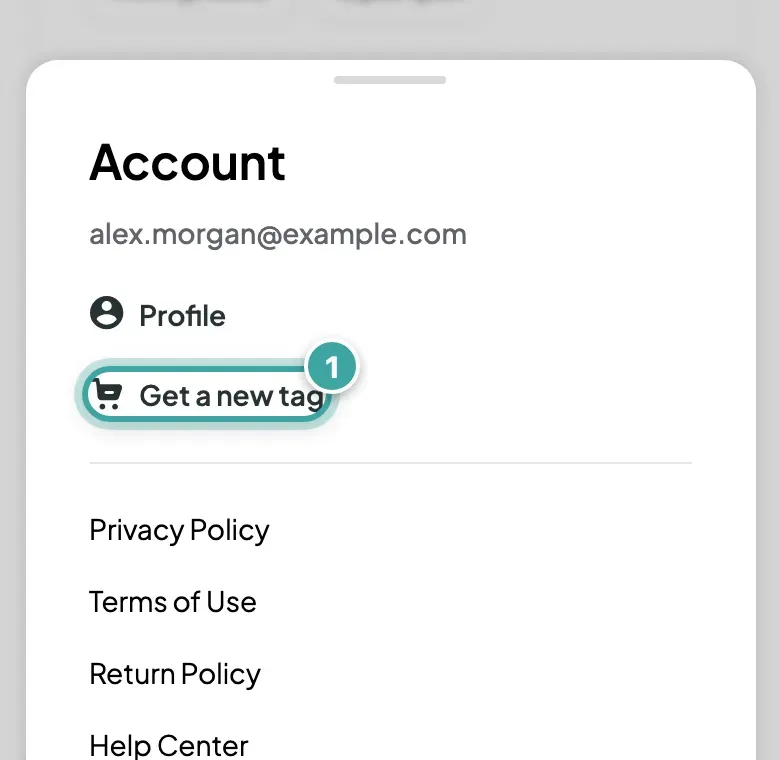 The account menu open at the bottom of the screen: Profile, then Get a new tag, which is highlighted, then the policy links and Sign out.