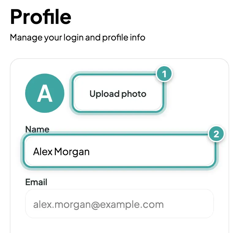 The Profile page with the account photo placeholder, the Upload photo button marked 1 and the Name field, filled in with Alex Morgan, marked 2.