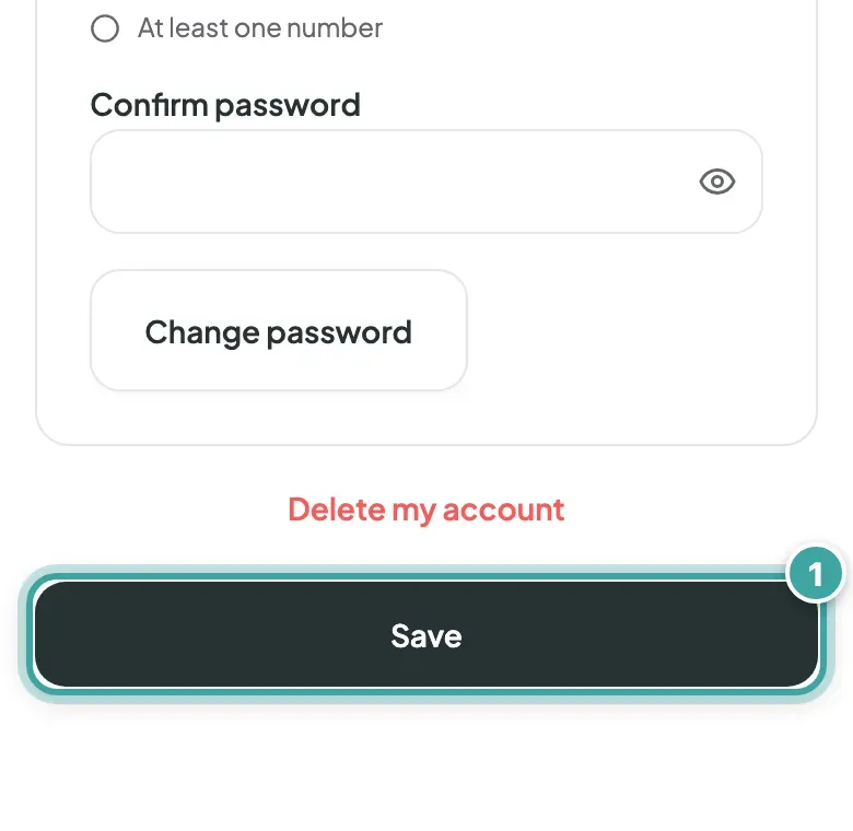 The bottom of the Profile page: the Delete my account link and, below it, the Save button, which is highlighted.