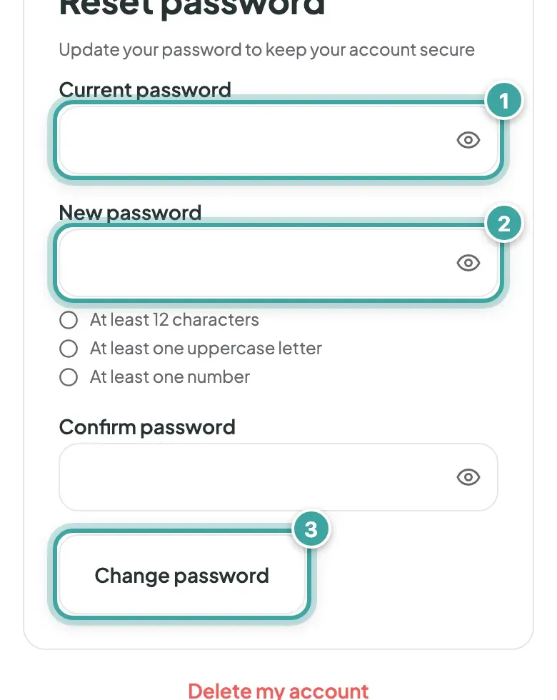 The Reset password section of the Profile page: Current password marked 1, New password marked 2 with Confirm password below it, and the Change password button marked 3.