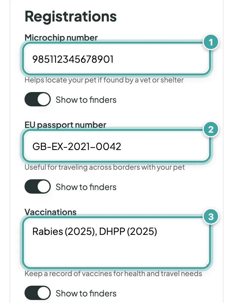The Registrations section: the microchip number (1), EU passport number (2) and vaccinations (3) fields, filled in for Buddy, each with a Show to finders switch.