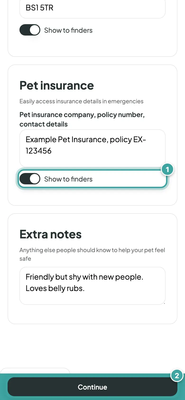 The bottom of the Pet insurance section: its Show to finders switch (1), and the Continue button fixed at the bottom of the screen (2).