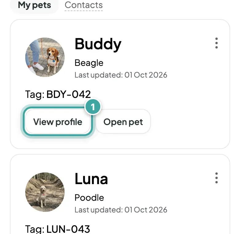 My pets, with Buddy's card at the top: his photo, breed and tag code, and the View profile button, which is highlighted, next to Open pet.