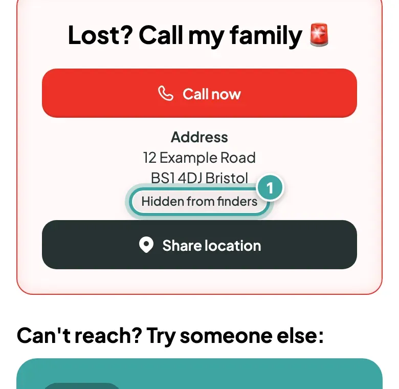 Buddy's page as his owner sees it: under Call now, the owner's street address is shown with the label Hidden from finders, which is highlighted.