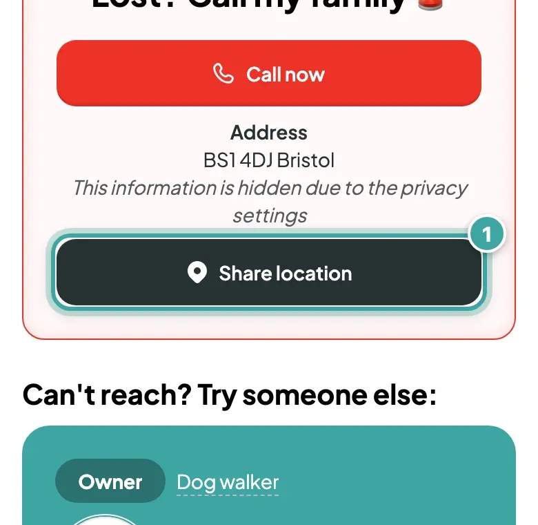 The "Lost? Call my family" box on Buddy's page: Call now, the city the owner lives in, and the Share location button, which is highlighted.