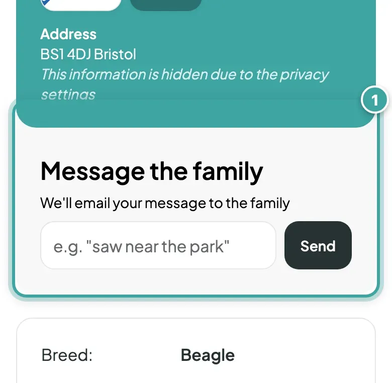 The Message the family box on Buddy's page, "We'll email your message to the family", with a text field and a Send button, highlighted.