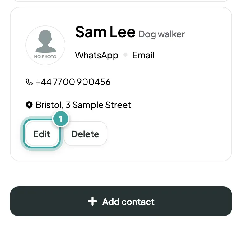 The Contacts tab: Sam Lee's card, Dog walker, with phone number and address, and its Edit button highlighted next to Delete.