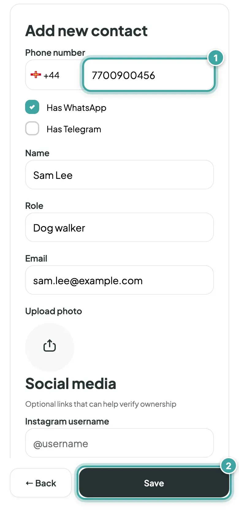 Sam Lee's contact form with the phone number (1) at the top, then WhatsApp and Telegram boxes, name, role and email, and the Save button (2) at the bottom of the screen.