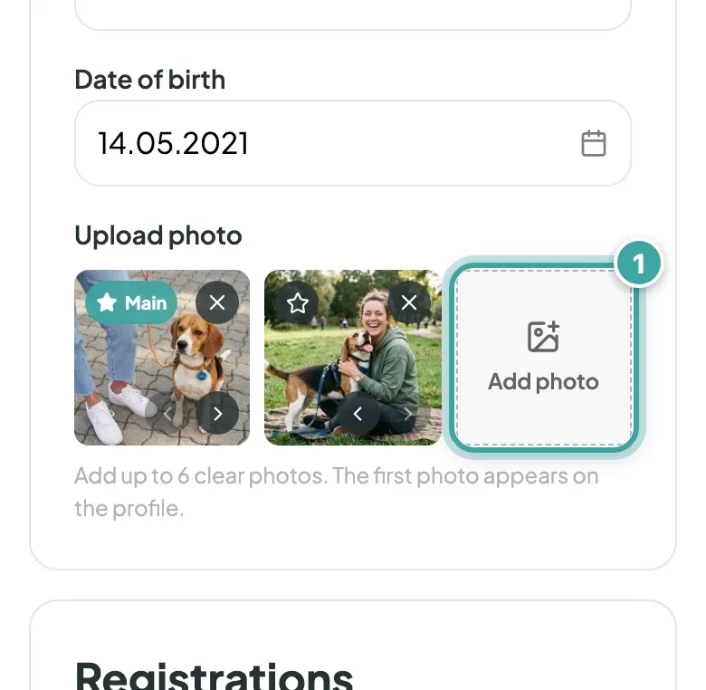 The Upload photo area of Buddy's Pet tab, showing his two photos and the Add photo tile, which is highlighted, with the hint "Add up to 6 clear photos".