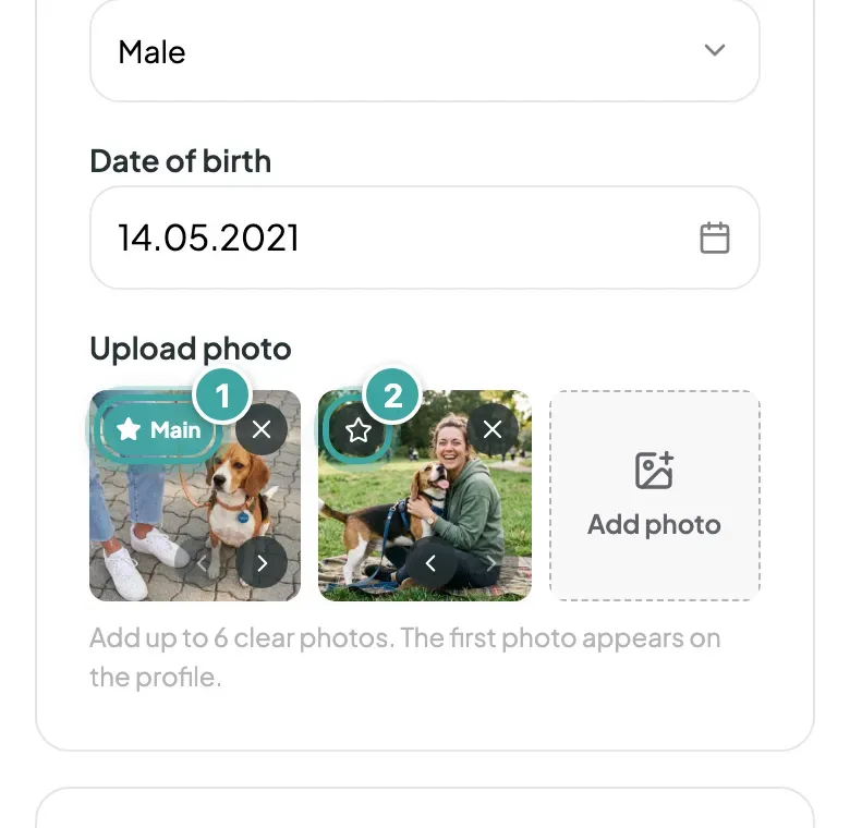 Buddy's two photos. The first is labelled Main (1); the second has a star button in its corner, Use as main photo (2), as well as remove and move buttons.
